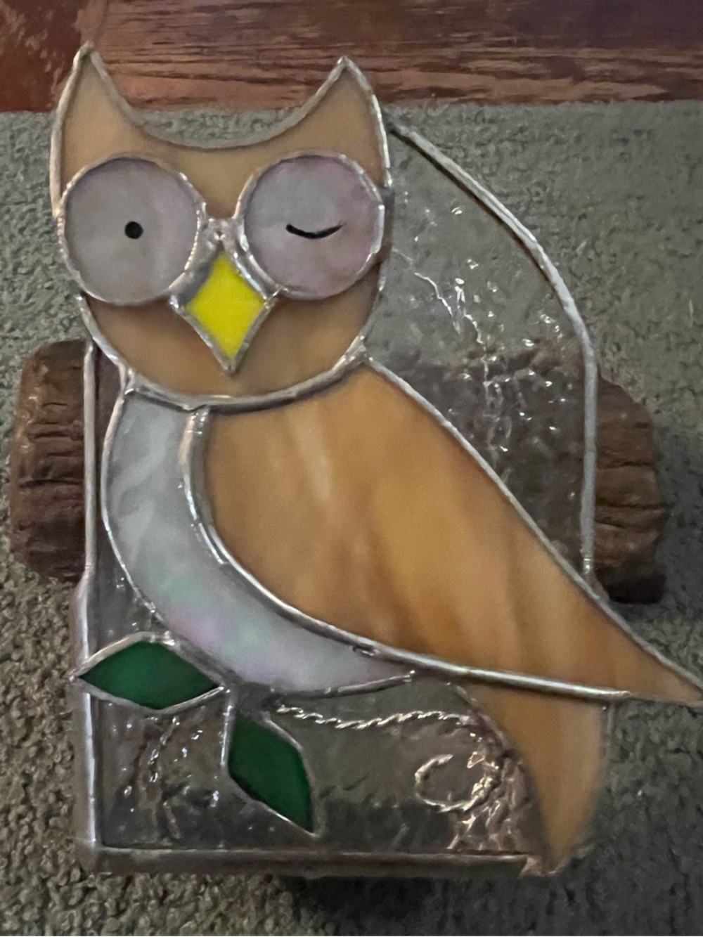 Vintage Stained Glass Owl Suncatcher Items Holder in Honey and Green
